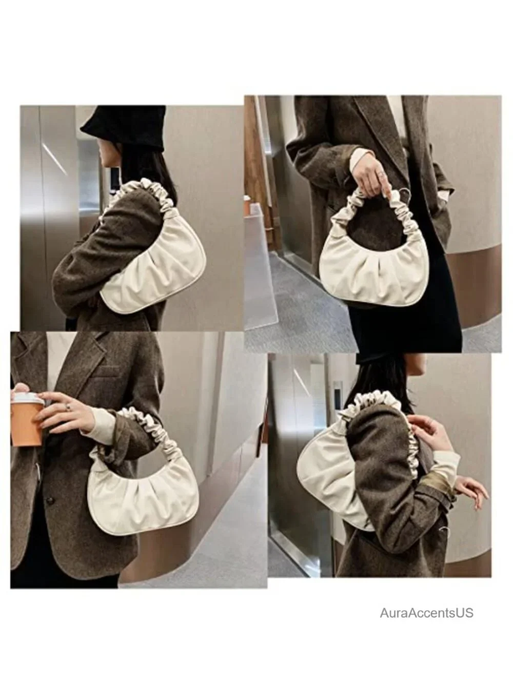 Vegan Leather Ruched Hobo Purse with Magnetic Clasp
